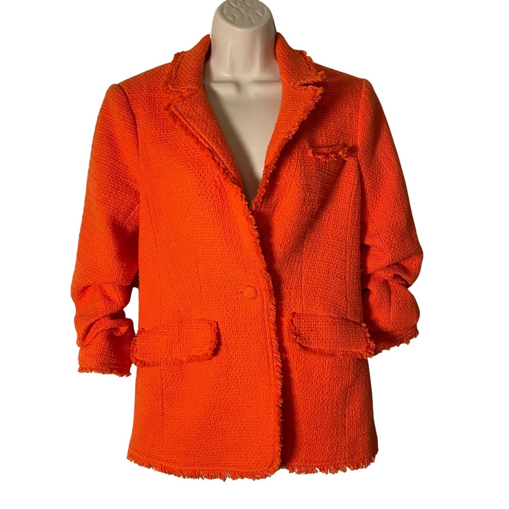 Cinq a Sept Khloe Boucle Blazer Orange Size 2/4 Ruched 3/4 Sleeve Fringe Tweed